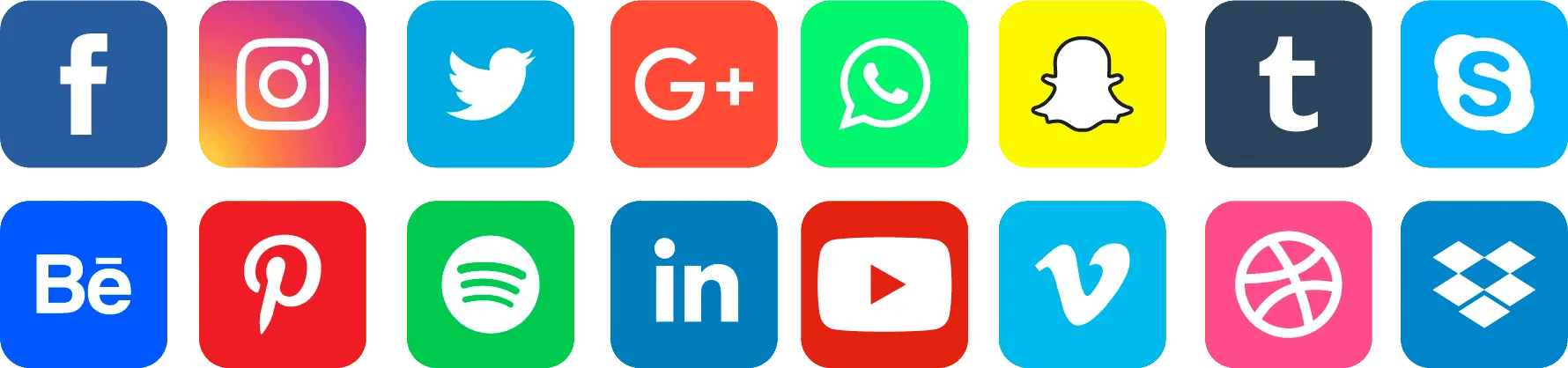 App-Icons verbreiteter Anwendungen, darunter WhatsApp, LinkedIn, YouTube, Dropbox, Spotify und Instagram